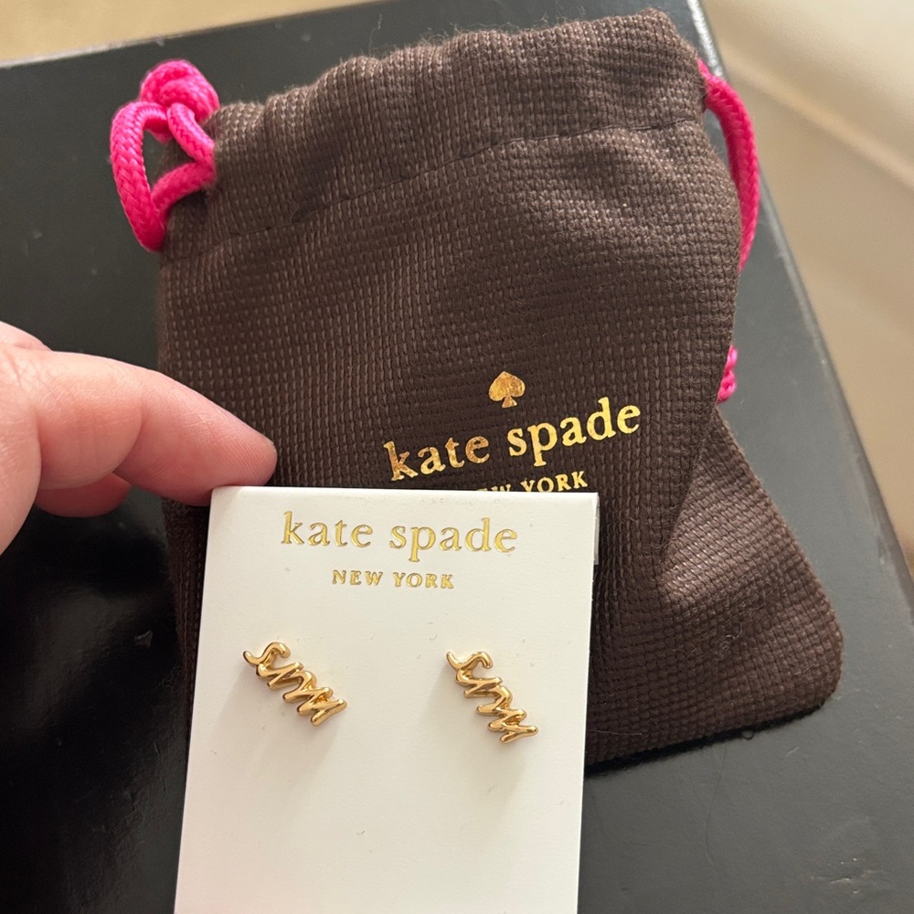 kate spade Gold 'Mrs’ Script Kids Stud Earrings with Branded Pouch